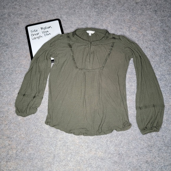 Lucky Brand Olive Green Peasant Blouse Long Sleeve Medium Casual Top - Picture 1 of 5